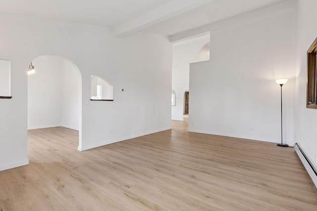 19835 County Road 30, Corcoran, MN 55340 - unfurnished living room with arched walkways, baseboard heating, light wood-style floors, beamed ceiling, and baseboards
