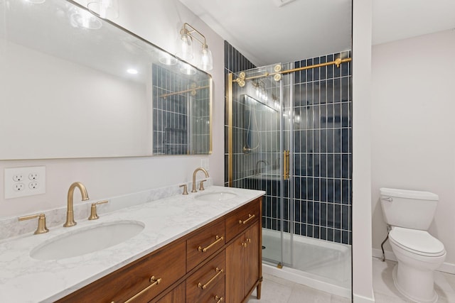 19835 County Road 30, Corcoran, MN 55340 - bathroom featuring tile patterned flooring, toilet, a stall shower, and double vanity