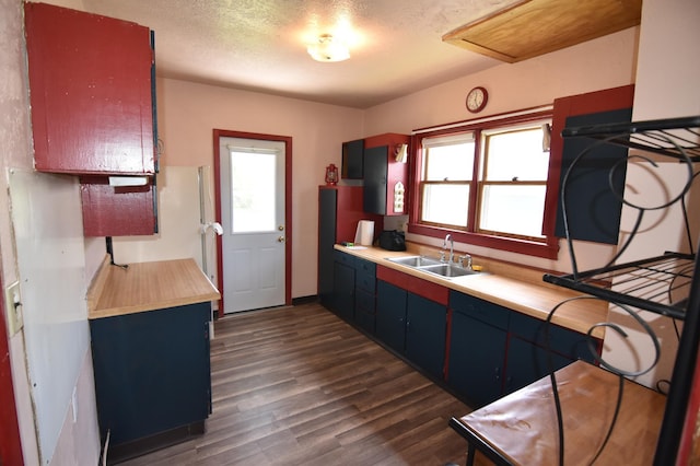 321 1st Ave SW, Baudette, MN 56623 - kitchen featuring a sink, blue cabinets, dark wood finished floors, and a textured ceiling