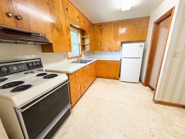 kitchen with white appliances, under cabinet range hood, a sink, light countertops, and brown cabinets
