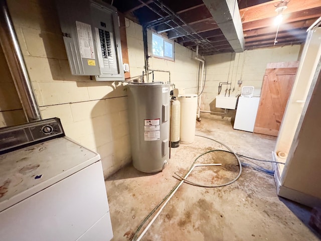 below grade area with washer / clothes dryer, water heater, electric panel, and a sink