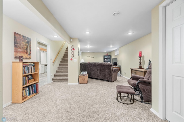 1214 8th St N, Moorhead, MN 56560 - carpeted living room with stairway, recessed lighting, and baseboards