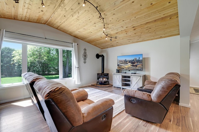 7256 Maciver Ave NE, Otsego, MN 55301 - living area with wooden ceiling, rail lighting, vaulted ceiling, a wood stove, and light wood-type flooring