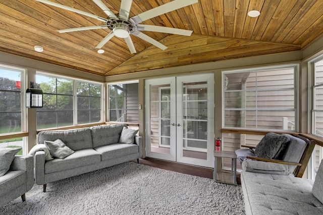 7256 Maciver Ave NE, Otsego, MN 55301 - sunroom / solarium with french doors, lofted ceiling, a ceiling fan, and an outdoor hangout area