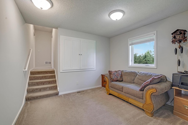 7256 Maciver Ave NE, Otsego, MN 55301 - living area featuring a textured ceiling, carpet flooring, stairs, and baseboards