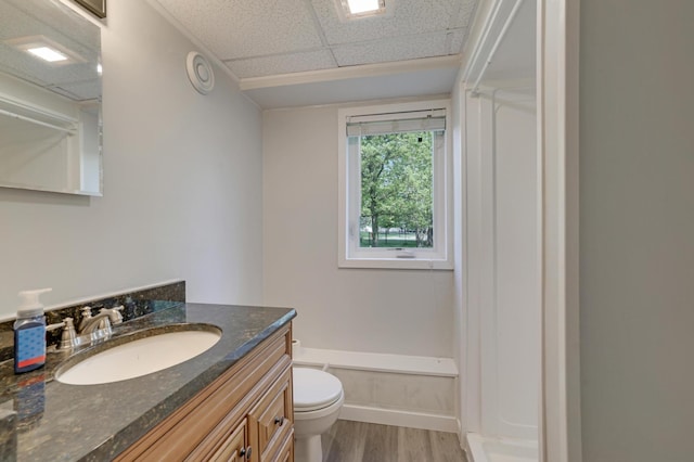 7256 Maciver Ave NE, Otsego, MN 55301 - full bath featuring wood finished floors, a paneled ceiling, toilet, vanity, and a shower