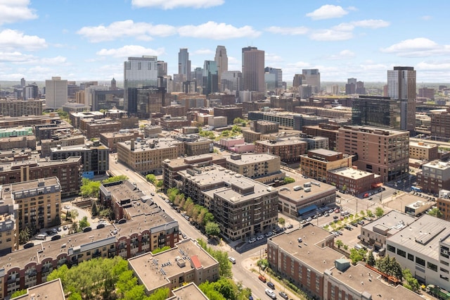 aerial view of property and surrounding area featuring a view of skyline and property boundaries highlighted
