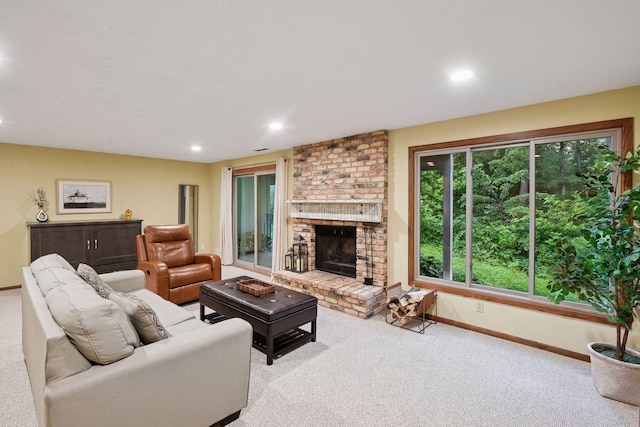 1623 Black Oaks Pl N, Plymouth, MN 55447 - carpeted living area featuring a brick fireplace and recessed lighting