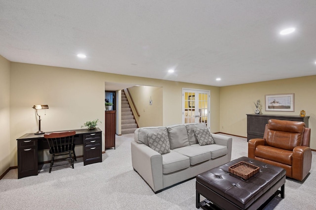 1623 Black Oaks Pl N, Plymouth, MN 55447 - living area featuring light carpet, recessed lighting, stairs, and an office area