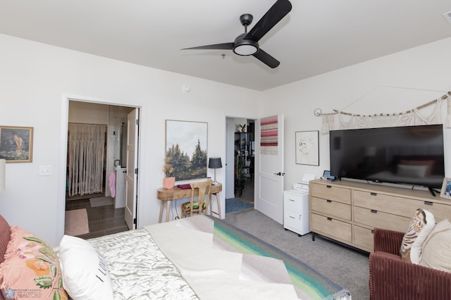 bedroom with ceiling fan and connected bathroom
