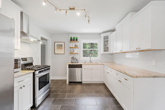 1354 Judith Ave, Roseville, MN 55113 - kitchen featuring stainless steel appliances, wall chimney exhaust hood, a sink, and white cabinetry