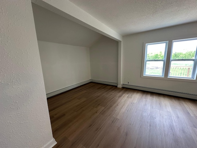 46130 Anchor Ave, Fish Lake Twp, MN 55080 - additional living space with dark wood-type flooring, a textured wall, baseboard heating, a textured ceiling, and vaulted ceiling