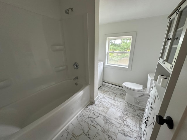 46130 Anchor Ave, Fish Lake Twp, MN 55080 - full bath with marble finish floors, toilet, vanity, baseboard heating, and tub / shower combination