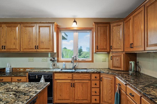 15777 Grover Ave NW, Clearwater Twp, MN 55320 - kitchen with black dishwasher, a sink, brown cabinetry, and dark stone counters