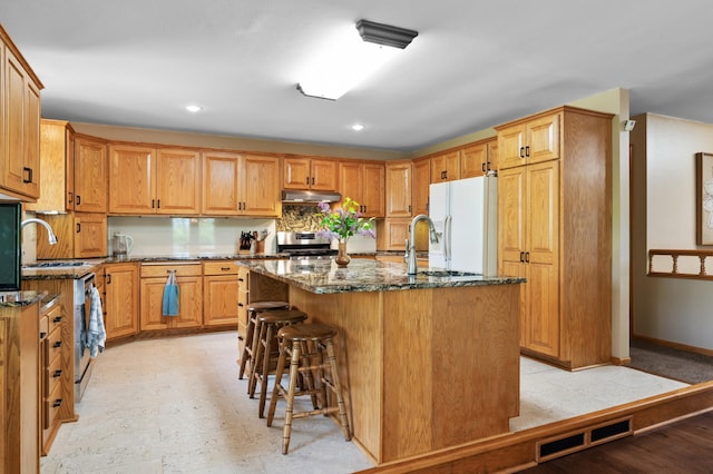 15777 Grover Ave NW, Clearwater Twp, MN 55320 - kitchen with under cabinet range hood, white refrigerator with ice dispenser, electric range, a sink, and dark stone counters