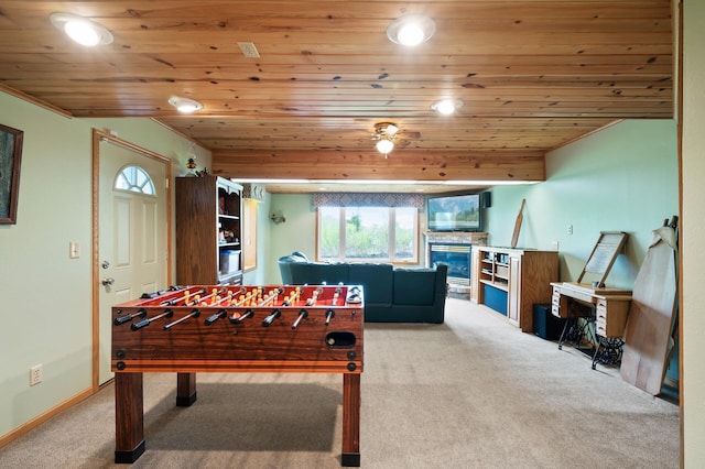 15777 Grover Ave NW, Clearwater Twp, MN 55320 - playroom with carpet floors, wooden ceiling, recessed lighting, and baseboards