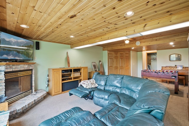 15777 Grover Ave NW, Clearwater Twp, MN 55320 - living area featuring carpet floors, recessed lighting, a fireplace, and wood ceiling