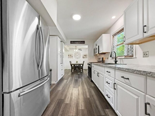 213 1st Ave E, Truman, MN 56088 - kitchen with appliances with stainless steel finishes, a sink, dark wood-type flooring, white cabinets, and ceiling fan