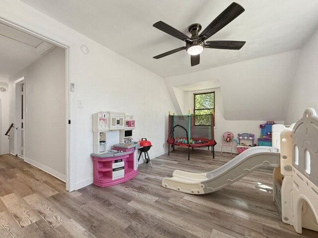 213 1st Ave E, Truman, MN 56088 - recreation room with a ceiling fan, wood finished floors, vaulted ceiling, and baseboards