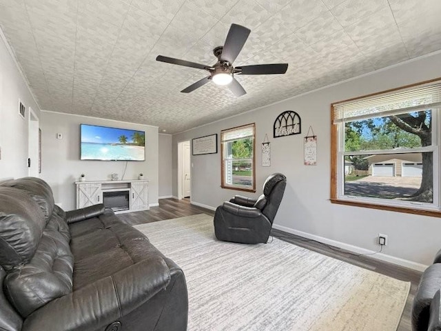 213 1st Ave E, Truman, MN 56088 - living room featuring wood finished floors, an ornate ceiling, a ceiling fan, crown molding, and baseboards