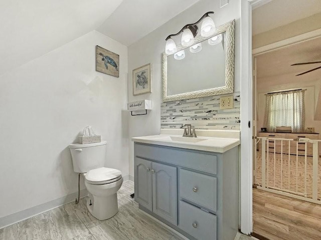 213 1st Ave E, Truman, MN 56088 - bathroom featuring wood finished floors, toilet, backsplash, vanity, and lofted ceiling