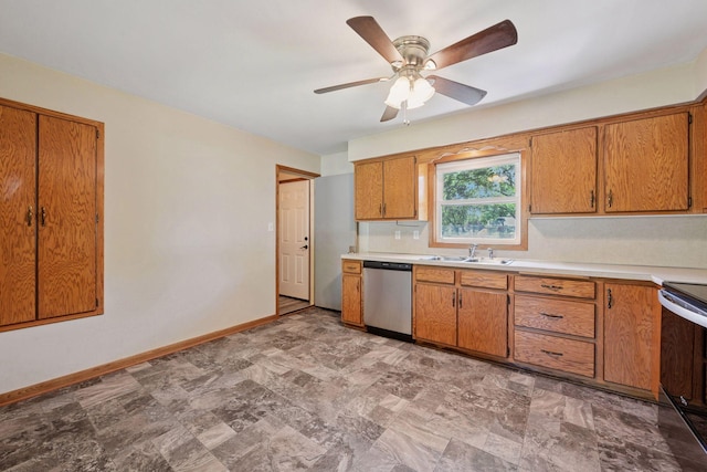 kitchen featuring dishwasher, a sink, electric stove, light countertops, and baseboards