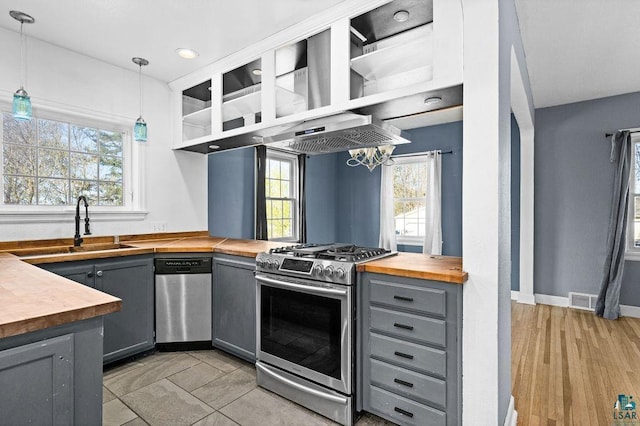 1815 Carlton Ave, Cloquet, MN 55720 - kitchen with stainless steel appliances, butcher block countertops, gray cabinets, a sink, and decorative light fixtures