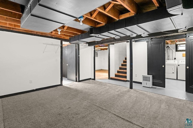 1815 Carlton Ave, Cloquet, MN 55720 - basement featuring washing machine and clothes dryer, baseboards, stairway, and carpet