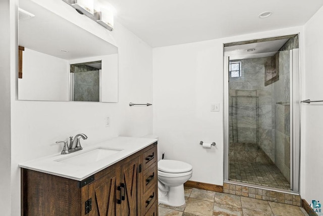 1815 Carlton Ave, Cloquet, MN 55720 - full bathroom with baseboards, a tile shower, toilet, vanity, and stone finish flooring