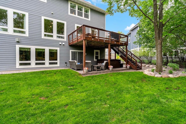 5315 Ranchview Ln N, Plymouth, MN 55446 - back of property featuring a wooden deck, stairway, an outdoor living space, and a patio area