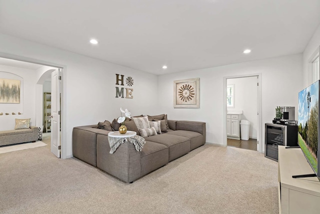 5315 Ranchview Ln N, Plymouth, MN 55446 - living room with carpet flooring, recessed lighting, and arched walkways