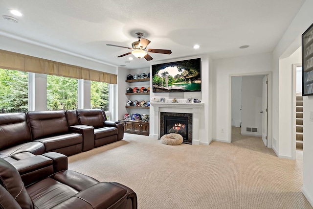 5315 Ranchview Ln N, Plymouth, MN 55446 - living area featuring carpet flooring, ceiling fan, a high end fireplace, recessed lighting, and baseboards