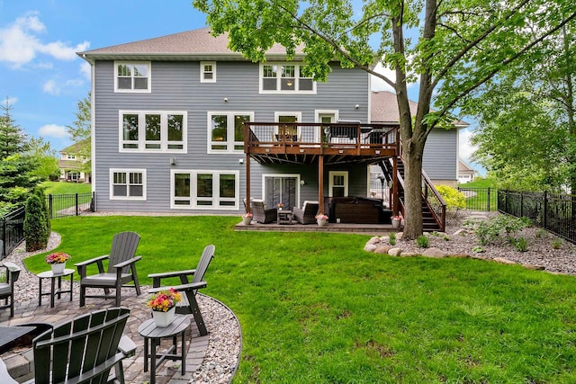 5315 Ranchview Ln N, Plymouth, MN 55446 - rear view of property featuring a hot tub, a deck, a patio area, and stairs