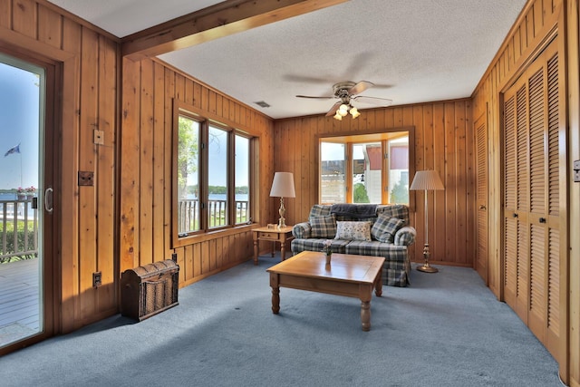 1379 7th Ave SE, Forest Lake, MN 55025 - living area with wooden walls, ceiling fan, carpet flooring, a water view, and a textured ceiling