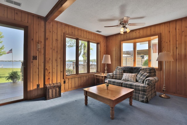 1379 7th Ave SE, Forest Lake, MN 55025 - living room featuring wood walls, carpet, ceiling fan, a textured ceiling, and a water view
