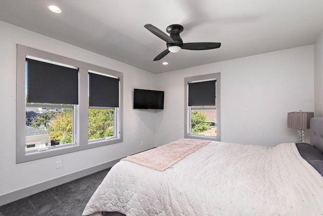 5808 Oaklawn Ave, Edina, MN 55424 - bedroom featuring multiple windows, dark colored carpet, baseboards, recessed lighting, and ceiling fan