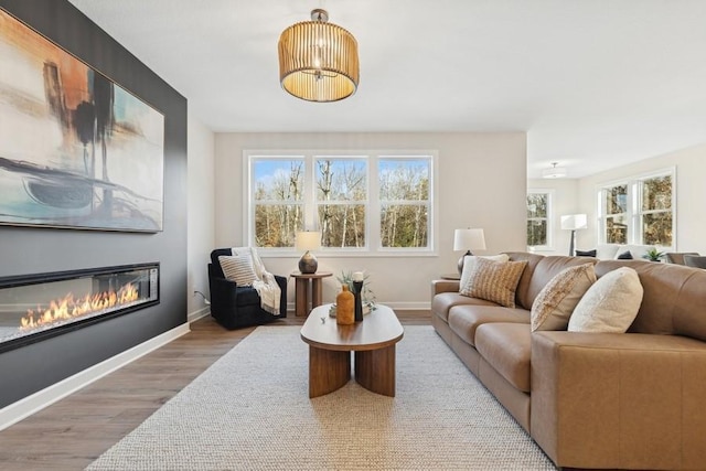 living area with wood finished floors, a glass covered fireplace, healthy amount of natural light, and baseboards