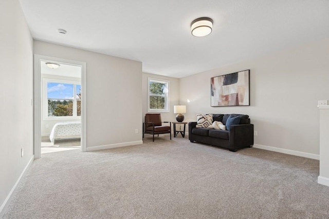living area with carpet floors and baseboards