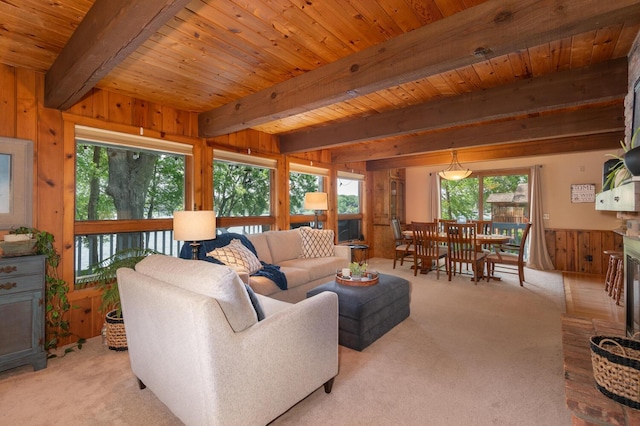 1749 Avocet Ln, Mound, MN 55364 - living area with wood walls, healthy amount of natural light, a wood ceiling with exposed beams, and light colored carpet