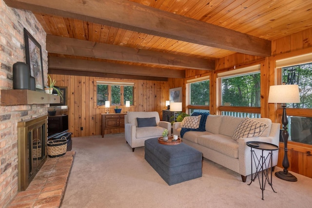 1749 Avocet Ln, Mound, MN 55364 - carpeted living room with plenty of natural light, wooden walls, a wooden ceiling with exposed beams, and a fireplace