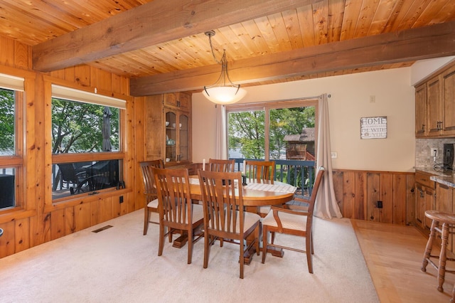 1749 Avocet Ln, Mound, MN 55364 - dining space with wood walls, a wood ceiling with exposed beams, wainscoting, and light wood-style flooring