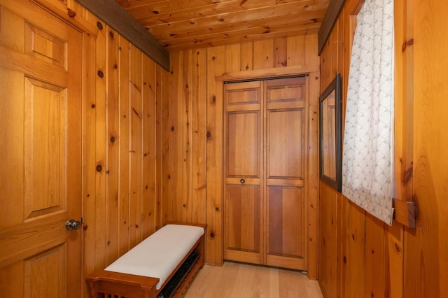 1749 Avocet Ln, Mound, MN 55364 - mudroom with wood ceiling, wooden walls, and light wood-type flooring