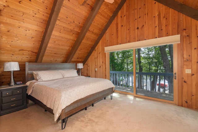 1749 Avocet Ln, Mound, MN 55364 - carpeted bedroom with access to outside, wooden ceiling, and wooden walls