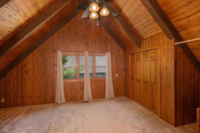 1749 Avocet Ln, Mound, MN 55364 - additional living space featuring wooden walls, wooden ceiling, carpet, and a ceiling fan