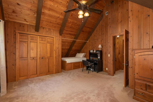 1749 Avocet Ln, Mound, MN 55364 - unfurnished office with wood walls, carpet flooring, wooden ceiling, and ceiling fan