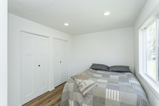 bedroom featuring light wood finished floors, multiple windows, and recessed lighting