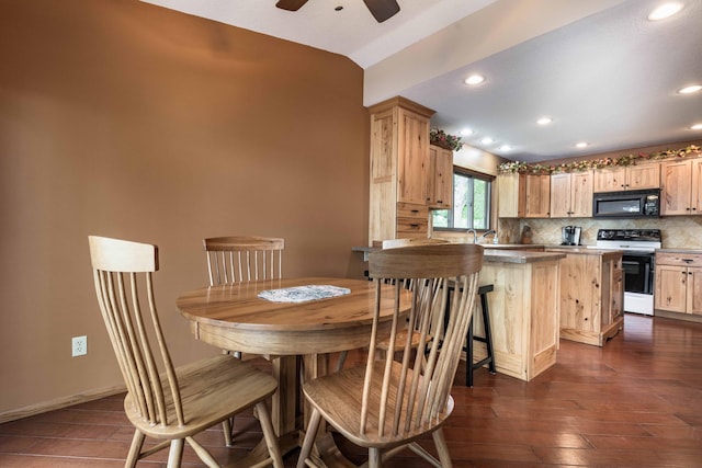 22005 Statesboro Trl, Clitherall, MN 56524 - dining area featuring vaulted ceiling, ceiling fan, dark wood-style flooring, recessed lighting, and baseboards