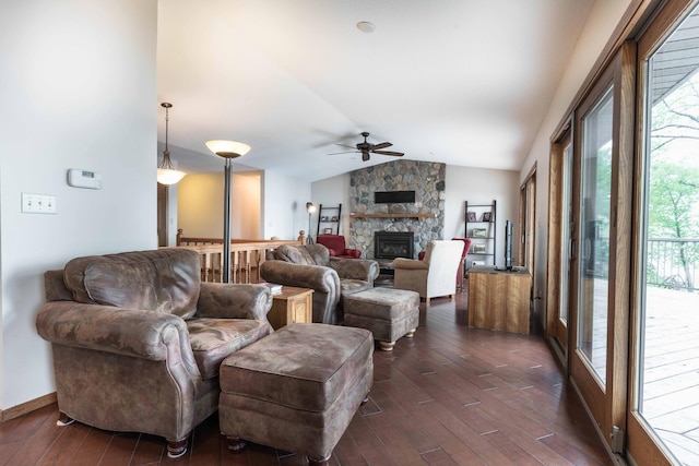 22005 Statesboro Trl, Clitherall, MN 56524 - living area with ceiling fan, dark wood-style flooring, lofted ceiling, and a fireplace