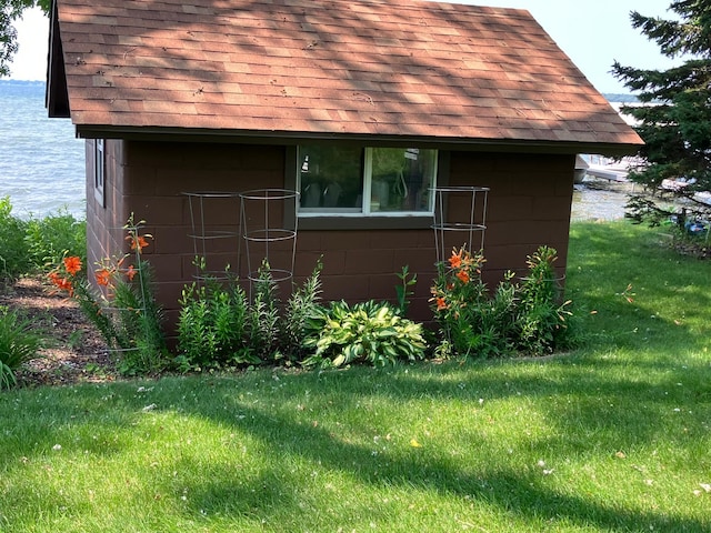 22005 Statesboro Trl, Clitherall, MN 56524 - view of home's exterior with a shingled roof, a lawn, a water view, and concrete block siding