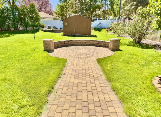 view of yard featuring a storage unit, an outdoor structure, and a patio area